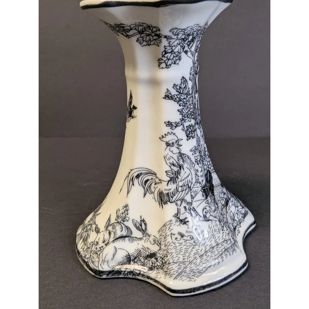 Vtg Dechang Taoci Black White Toile Pitcher Rooster Rabbit Bird & Candle Holder